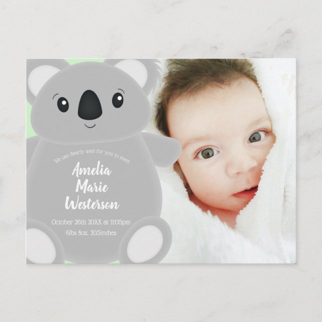 Koala Bear Baby Shower Vykort (Framsida)