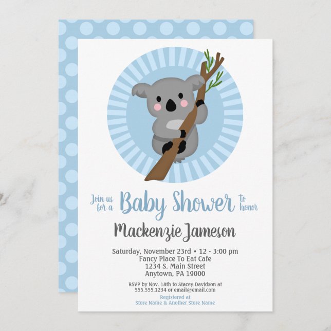 Koala Bear Blue Boys Baby Shower Inbjudningar (Fram/baksida)