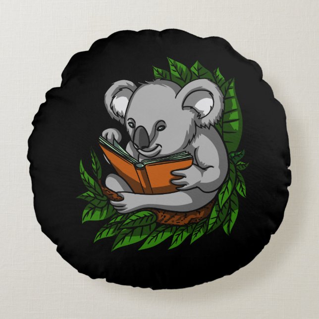 Koala Bear Bok Reading Älskare Cute Animal Rund Kudde (Framsidan)