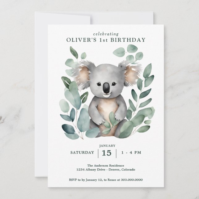 Koala Bear FIrst Birthday Inbjudningar (Framsida)