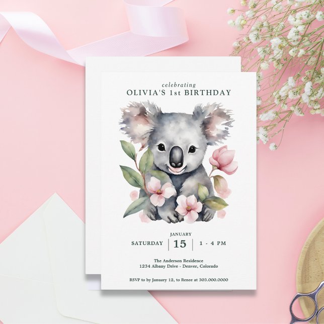 Koala Bear FIrst Birthday Inbjudningar (Skapare uppladdad)