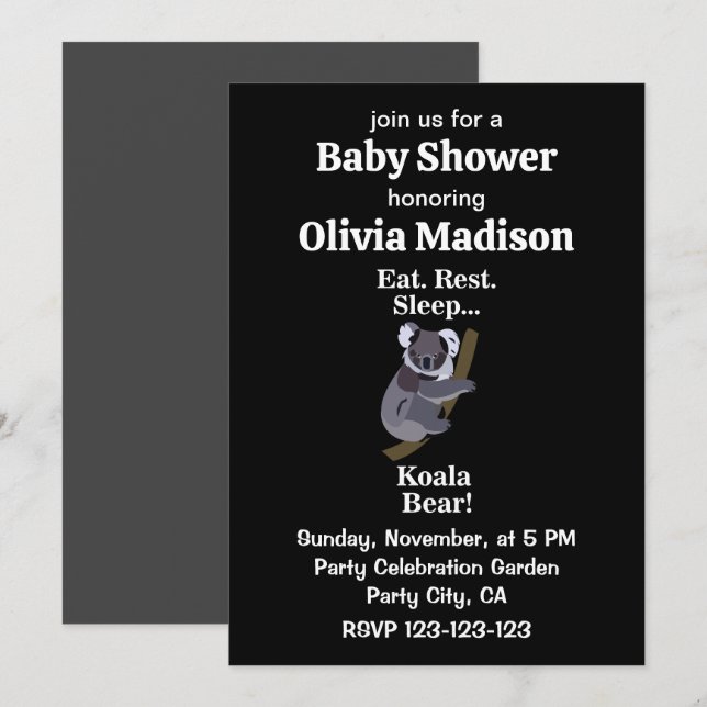 Koala Bear Funny Baby Shower Inbjudningar (Fram/baksida)