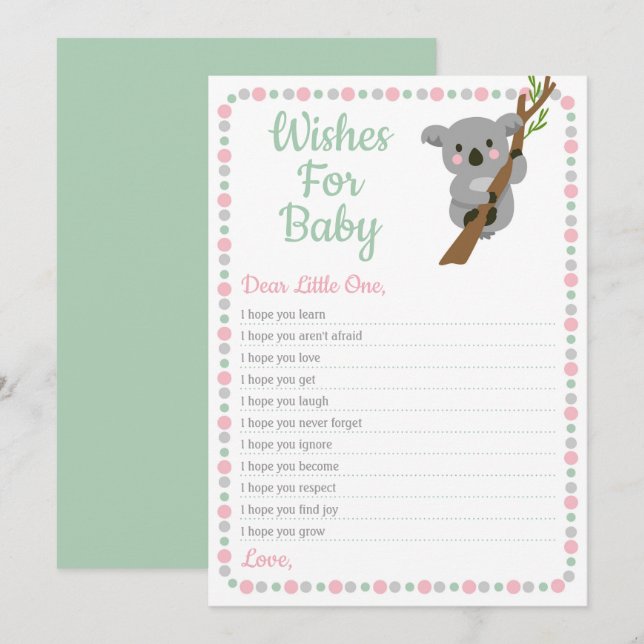 Koala Bear Önskemål för Baby Shower Game Rosa Girl Inbjudningar (Fram/baksida)