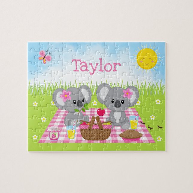 Koala Bear Picnic Girl Rosa Gingham Pussel (Horisontell)