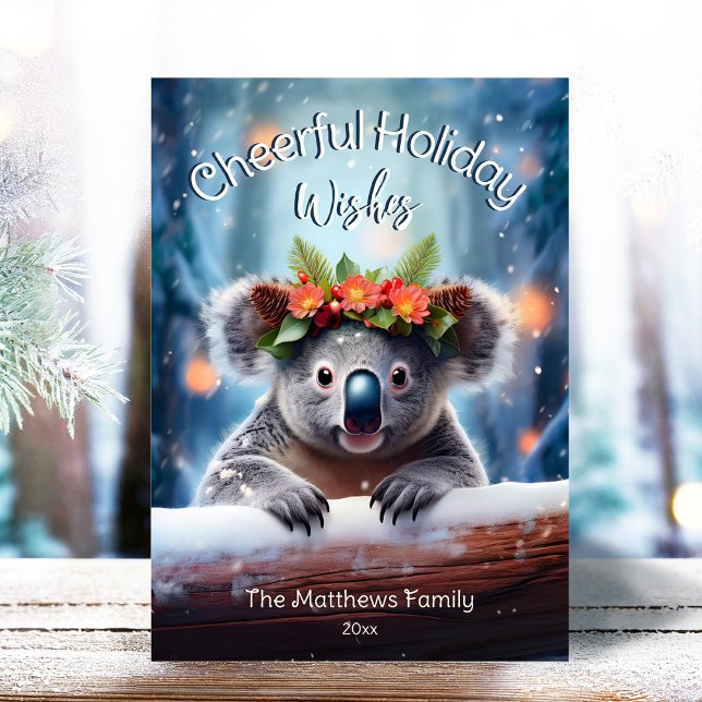Koala Bear Snowy Winter Forest Cheerful jul Julkort (Adorable Winter Snowy Scene With Peeking Dogs or Farm/Woodland Animals - Over 50 to Choose From!)