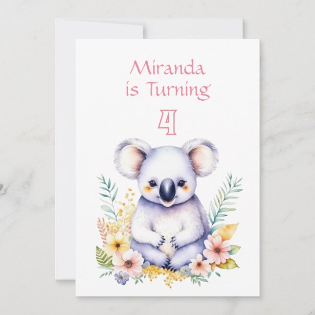 Koala Bear Thmet Girl's Födelsedagsfest Inbjudningar (Framsida)