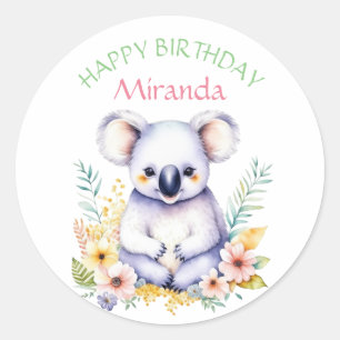 Koala Bear Thmet Girl's Grattis på födelsedagen Runt Klistermärke