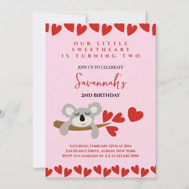 Koala Bear Valentines Day Birthday Hearts Inbjudningar (Framsida)