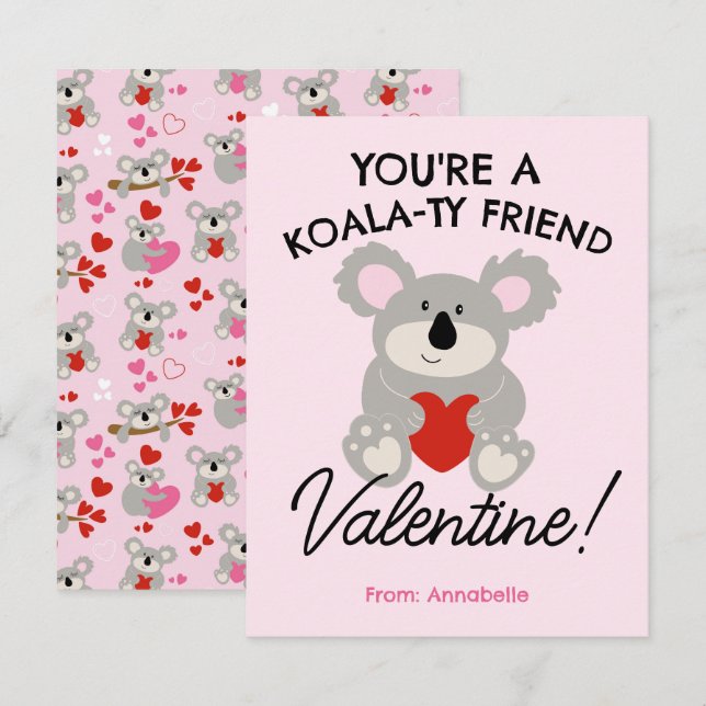 Koala Bear Valentines Day Classroom School Card Anteckningskort (Fram/baksida)