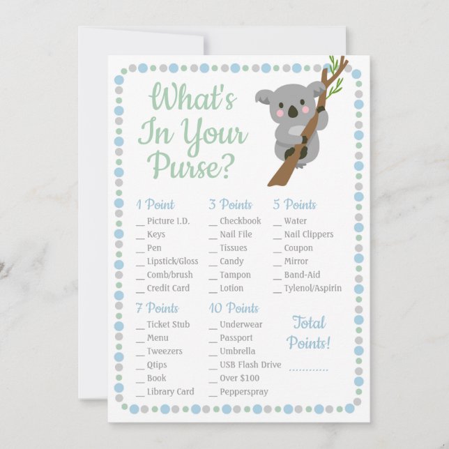 Koala Bear What's in your Purse Shower Game Blue (Framsida)