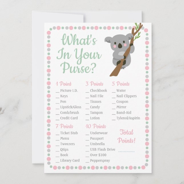 Koala Bear What's in your Purse Shower Game Rosa (Framsida)