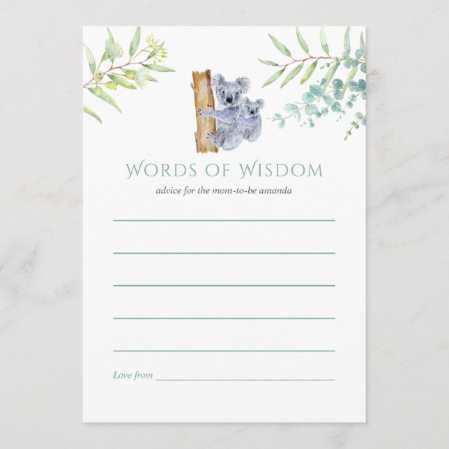 Koala Bears Eucalyptus Lövs Baby Shower Advice Rådkort (Framsida)