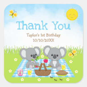 Koala Bears Picnic Birthday Blue Gingham Tack Fyrkantigt Klistermärke