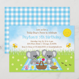 Koala Bear's Picnic Blue Gingham Birthday Inbjudningar