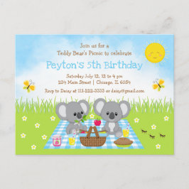 Koala Bear's Picnic Blue Gingham Birthday Vykort