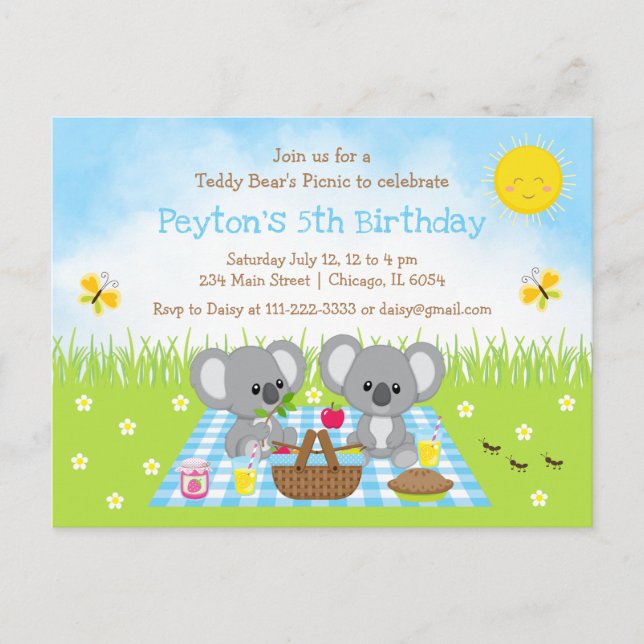 Koala Bear's Picnic Blue Gingham Birthday Vykort (Framsida)