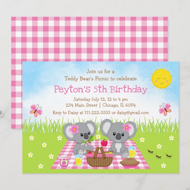 Koala Bear's Picnic Rosa Gingham Birthday Inbjudningar (Fram/baksida)