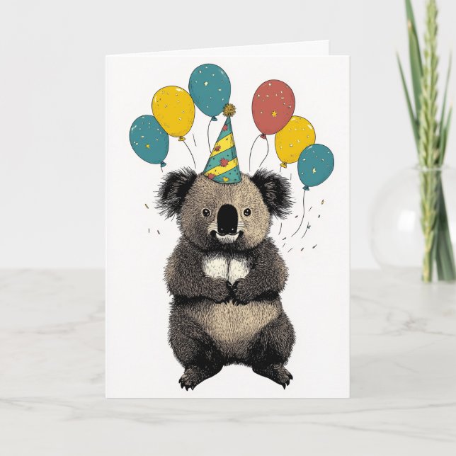 Koala Birthday Card - Cute Party Animal Kort (Framsida)