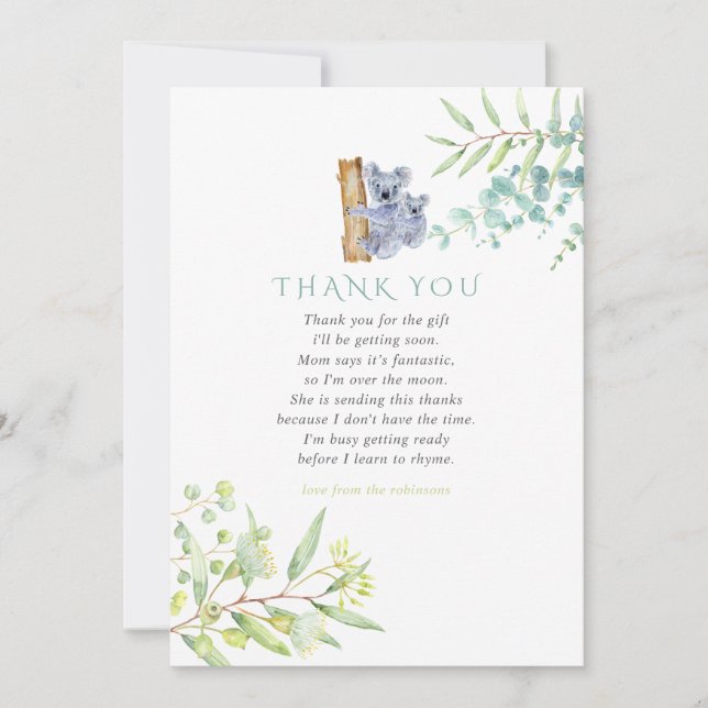 Koala Björn Eukalyptusblad Baby Shower Tack Kort (Framsida)