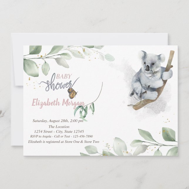 Koala björn lämnar inbjudan till baby shower (Framsida)