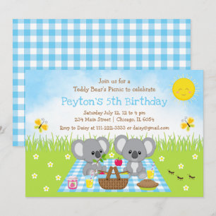 Koala Björnens Picknick Blå Gingham Födelsedag Inbjudningar