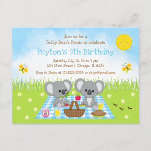 Koala Björnens Picknick Blå Gingham Födelsedag Vykort
