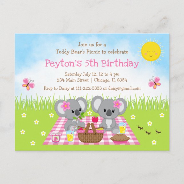 Koala Björnens Picknick Rosa Rutig Födelsedag Vykort (Framsida)