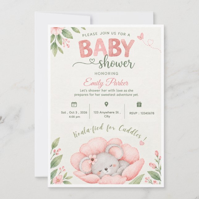 Koala blomma baby shower inbjudan (Framsida)