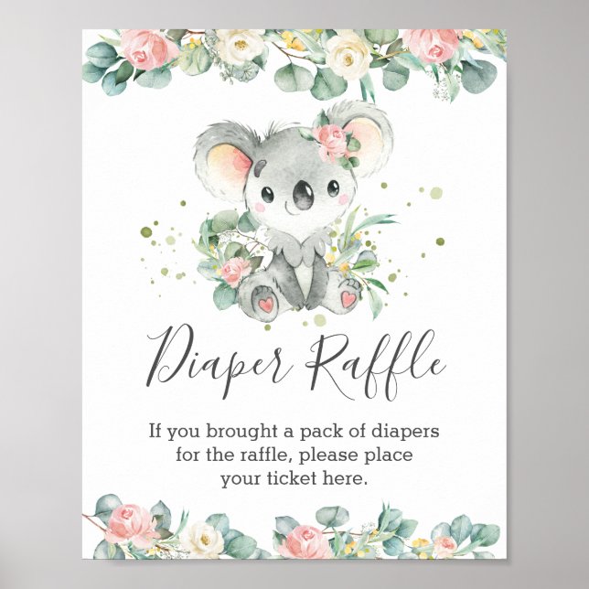 Koala Blommigt Greenery Baby Shower Raffle Poster (Framsidan)