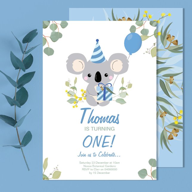 Koala Boy First Birthday Blue-inbjudan Inbjudningar (Skapare uppladdad)