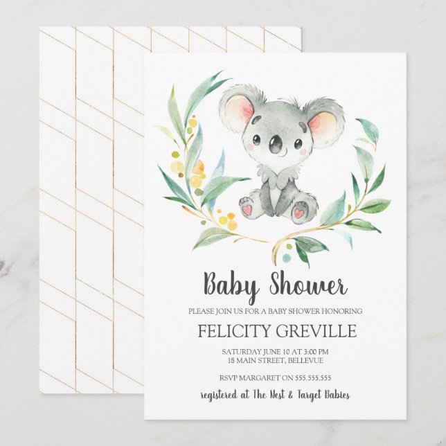 Koala Bush Baby | Babyduschinbjudningar Inbjudningar (Fram/baksida)