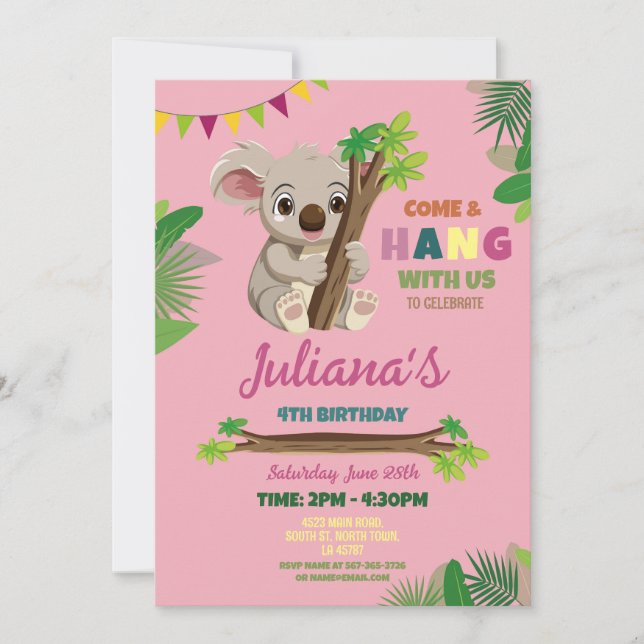 Koala Cute Girls Party Birthday Rosa Inbjudningar (Framsida)