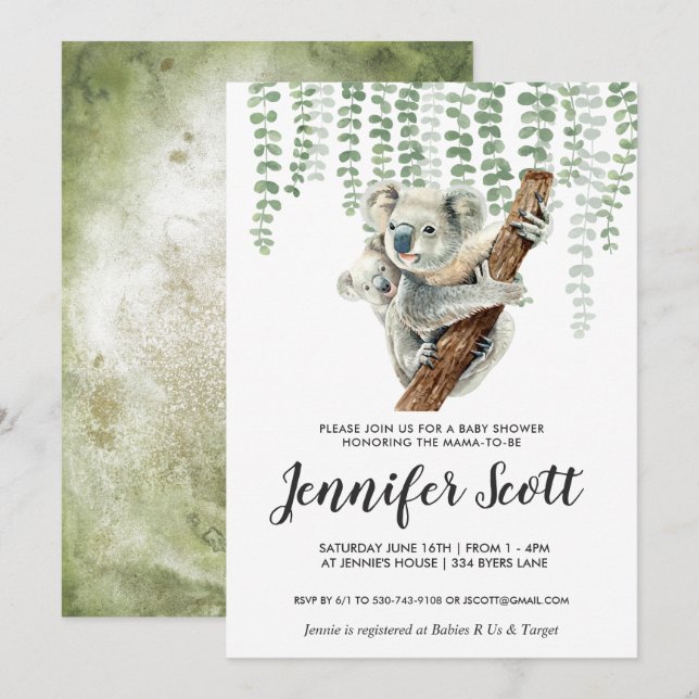 Koala Dschungel Baby Shower Inbjudan (Fram/baksida)