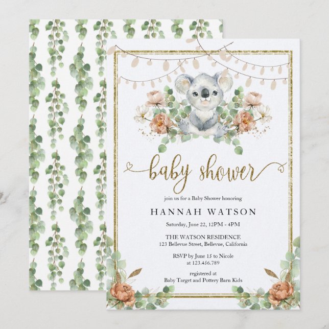 Koala Eucalyptus Woodland Boho Baby Shower Inbjudningar (Fram/baksida)