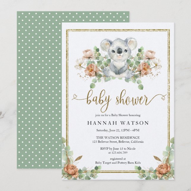 Koala Eucalyptus Woodland Elegant Baby Shower Inbjudningar (Fram/baksida)