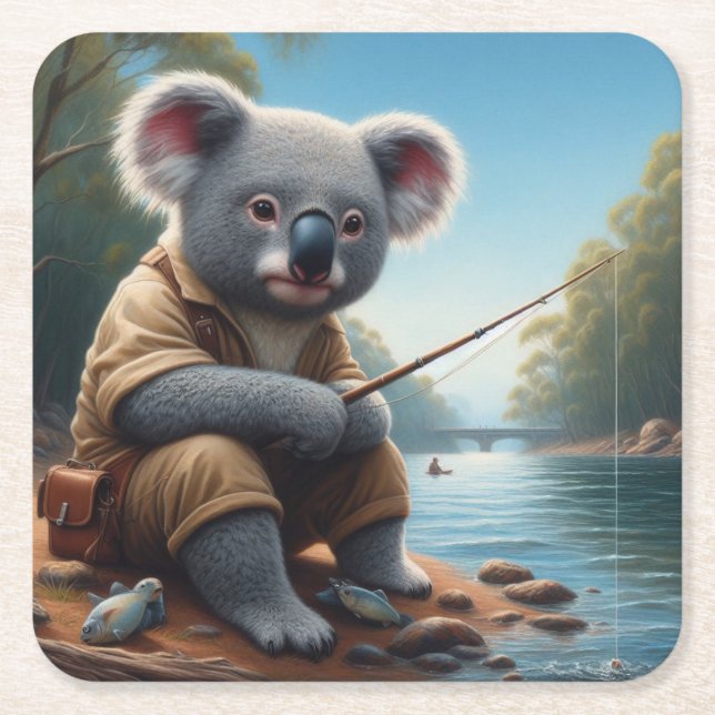 Koala Fishing Underlägg Papper Kvadrat (Framsidan)