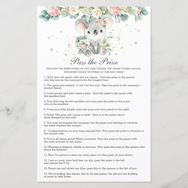 Koala Floral Greenery Baby Shower Pass the Prize  (Framsida)