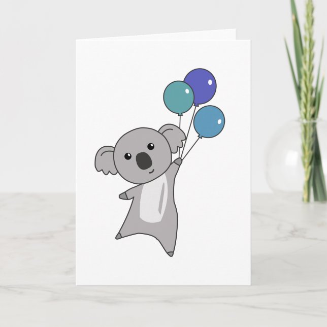 Koala flyger med ballonger, söta djur, barn kort (Framsida)