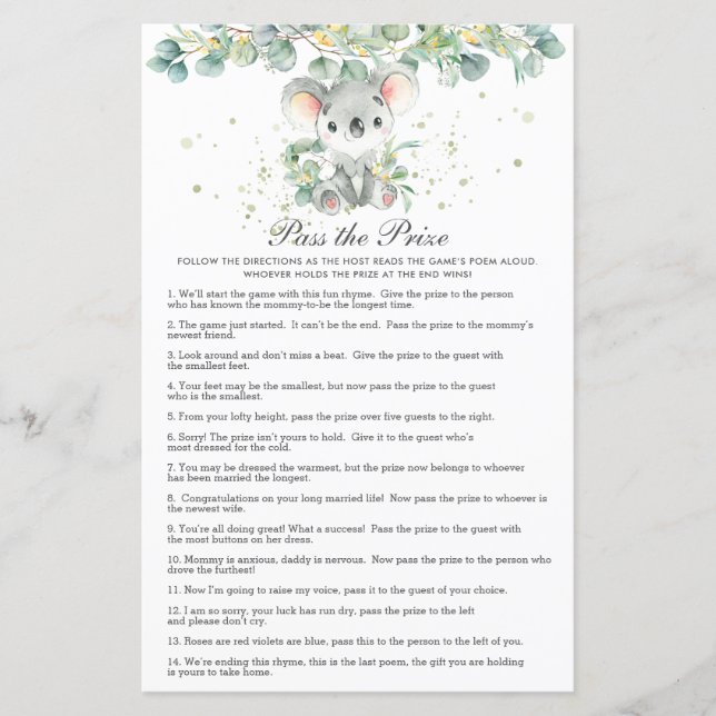 Koala Greenery Baby Shower Pass the Prize  (Framsida)