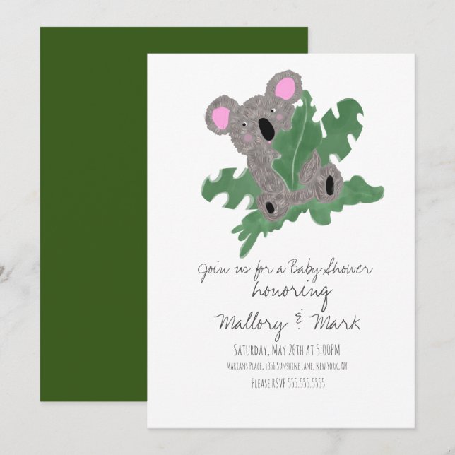 Koala Hand plockade Baby Shower Inbjudningar (Fram/baksida)
