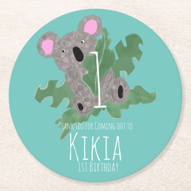 Koala Handritad Björn 1-årsdag  Underlägg Papper Rund (Framsidan)