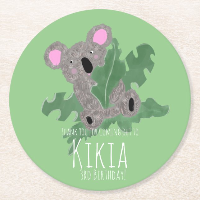Koala Handritad Björn Födelsedagsfest Underlägg Papper Rund (Framsidan)