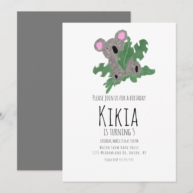 Koala Handritad Djur Födelsedagsfest Inbjudan (Fram/baksida)