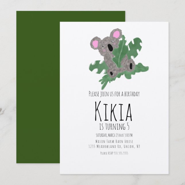 Koala Handritad Djur Grön Födelsedagsfest Inbjudningar (Fram/baksida)