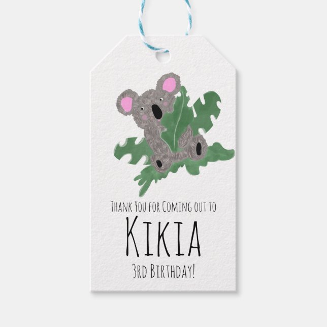 Koala Handritad Djur Grön Födelsedagsfest Presentetikett (Framsidan)