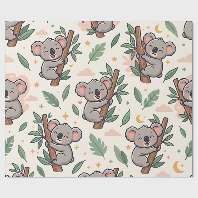 Koala Hug Presentpapper – Pastell Skogsmönster (Platt)