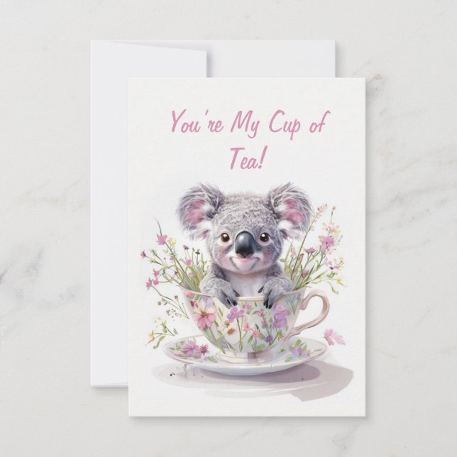Koala i blomsterte-kopp  tack kort (Framsida)