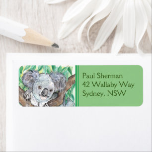 Koala i Eucalyptus Träd Painting Returadress Etikett