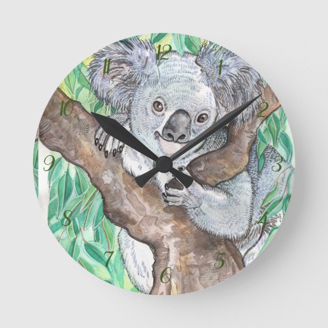 Koala i Eucalyptus Träd Painting Rund Klocka (Framsida)