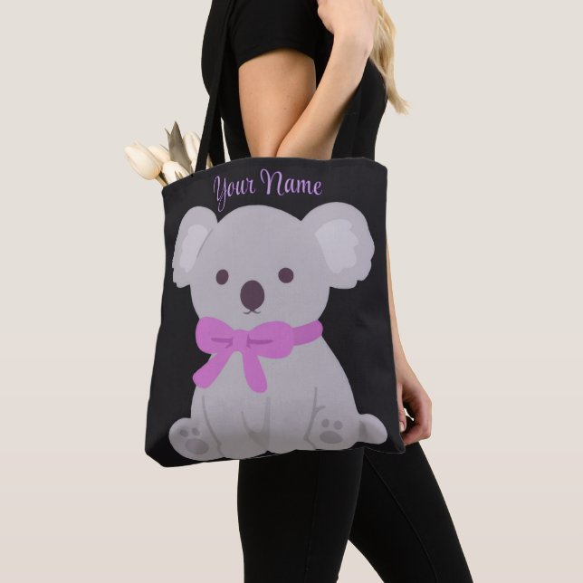 Koala Lila Båge Söt Kawaii Svart Anpassad Tygkasse (Närbild)